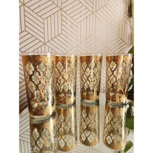 Vintage Culver MCM Valencia 5.5" 22k Gold Green DIamond Highball Glass Tumblers